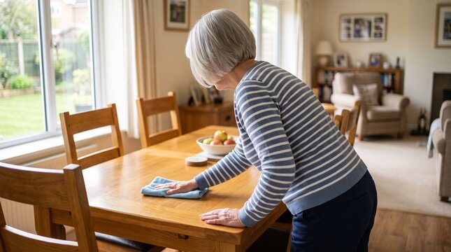 Senior woman cleaning a wooden dining table with a cloth at home