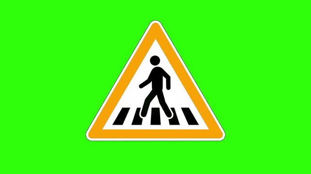 A triangular warning road sign featuring a yellow border and a black pedestrian silhouette crossing a zebra walk. Isolated on a chroma key green background for seamless integration into driving simula