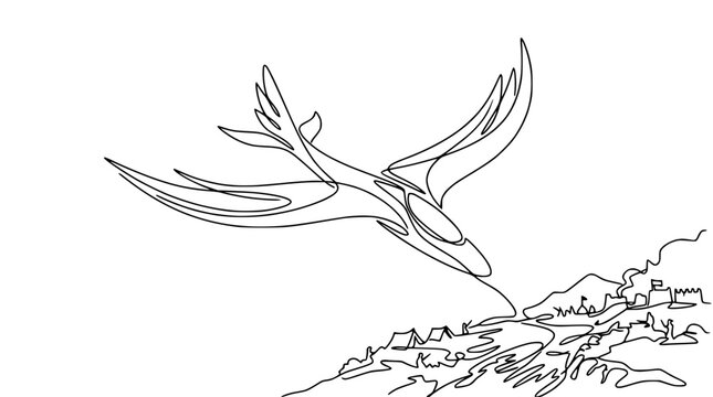 Minimalist single line drawing of a glider soaring over a simplified landscape