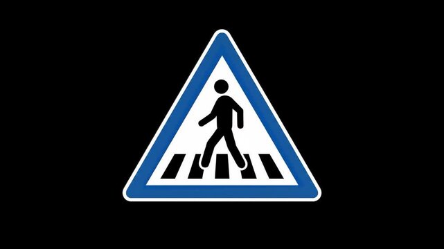 A triangular blue and white pedestrian crossing road sign with a walking person icon over zebra stripes. This clean motion graphic element is designed against a solid black backdrop for high-contrast 