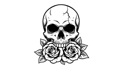 Fototapeta premium Black and White Skull with Roses Illustration