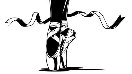 Black and White Illustration of Ballerina Point Shoes with Flowing Ribbons © kiki__