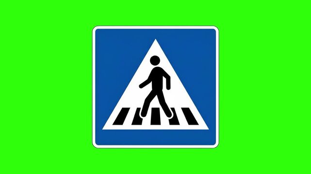 A blue square pedestrian crossing traffic sign showing a walking person symbol, isolated on a chroma key green screen background. Perfect for road safety educational videos, urban traffic promos, pede