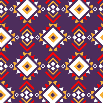 Colorful seamless geometric textile pattern with repeating diamond motifs and ethnic-inspired ornaments.