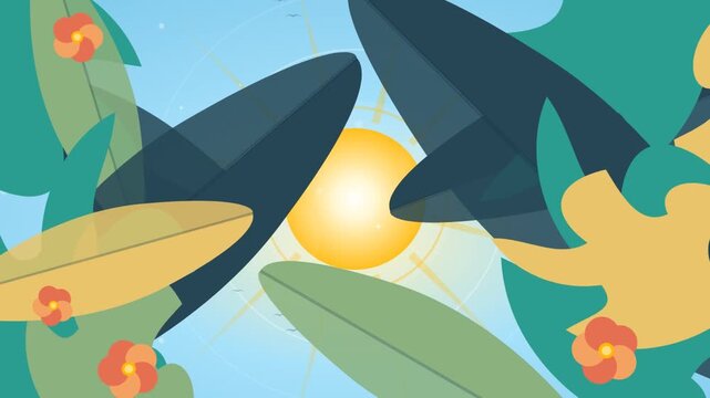 Fantasy vector animation of two whales flying in the sunny sky framed by tropical leaves.