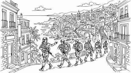 Obraz premium Soldiers marching in a Mediterranean coastal town, illustration, black and white