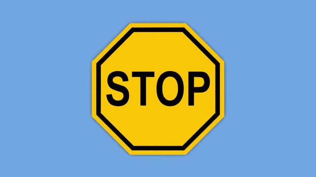 A clean 2D vector animation featuring a bright yellow octagonal STOP traffic sign pulsing or scaling smoothly. The minimal graphic is set against a solid light blue backdrop, perfect for driving safet