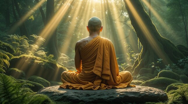 A serene Buddhist monk sits gracefully in the traditional lotus meditation pose, viewed entirely from the back to preserve a sense of mystery, universality, and deep spiritual contemplation