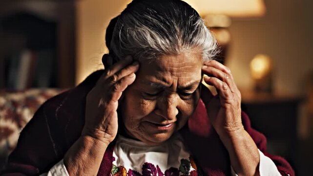 Elderly woman holding temples feeling headache or stress at home
