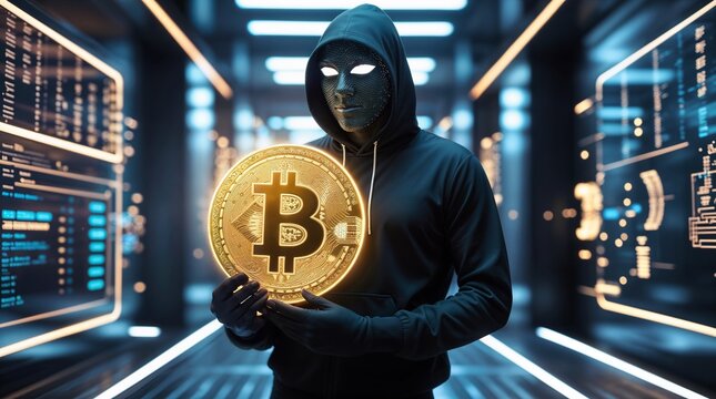 A mysterious figure dressed in a luxurious matte-black hoodie stands confidently against a futuristic cyber-themed backdrop, wearing a sleek illuminated mask that emits subtle neon patterns