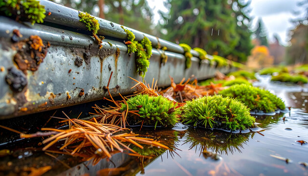 Mossy Gutter Overflowing with Autumn Pine Needles and Water.