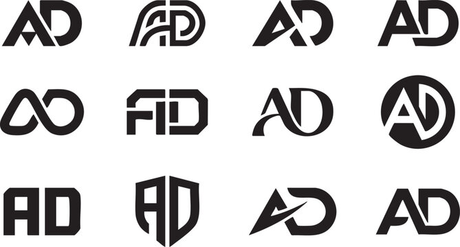 Black and white AD logo icons set, 12 modern symbols, abstract letterforms