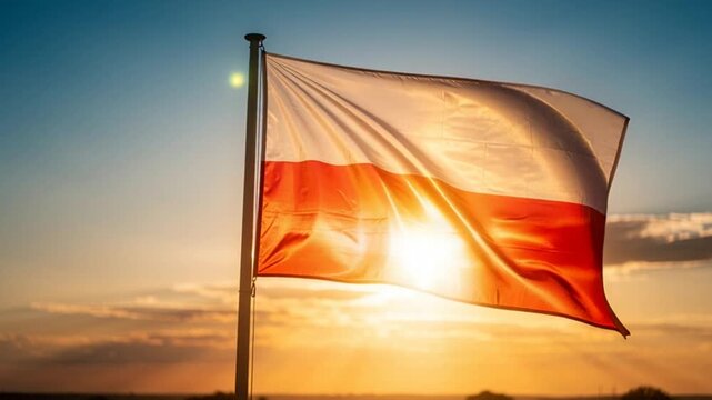 Polish national flag fluttering on a pole at golden hour
