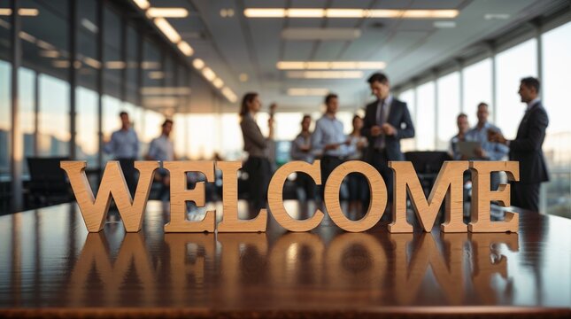 Wooden letters elegantly spelling "WELCOME" are carefully arranged on a rich, polished wooden office table, becoming the clear focal point of the composition
