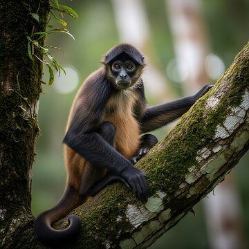 Wild spider monkey sitting on a mossy branch in a tropical forest
