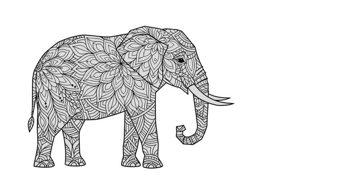 Intricate illustration of an elephant silhouette filled with detailed mandala like floral patterns and geometric designs.
