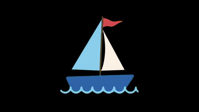 A 2D vector illustration of a blue sailboat with a white sail and a small red flag, resting on stylized waves. Set against a high-contrast black background, this graphic element provides a clean and m