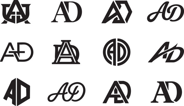 Monogram logo set, 12 AD letter icons, black vector emblems, stylish alphabet designs