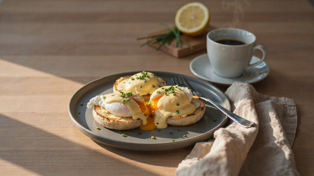 Elegant desayunos brunch with poached eggs and coffee on a rustic wood table