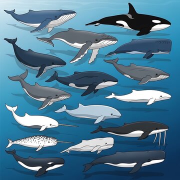 Illustration of various whale species in the ocean