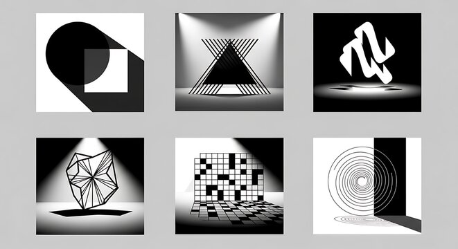 Collection of abstract black and white geometric compositions