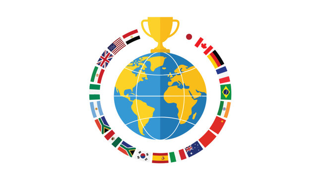 Global sports tournament trophy with world globe and international flags in flat vector style for athletic competition branding