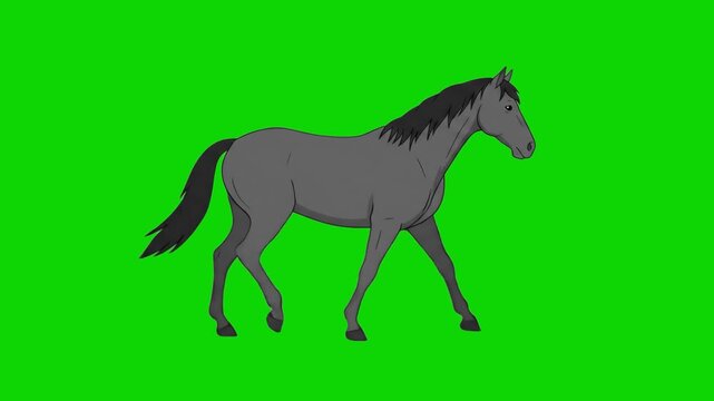 A 2D vector animation of a grey horse with a dark mane walking in a seamless side-profile loop. The vibrant green background allows for seamless integration into various digital environments.