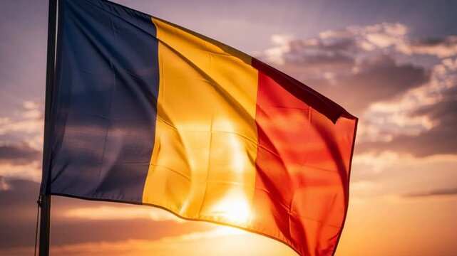 Romanian flag waving in the wind at sunset
