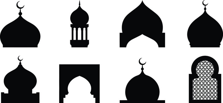Islamic mosque silhouette collection, 8 black dome and minaret vector icons, traditional arabic architectural elements for ramadan and eid design