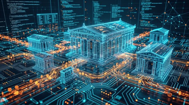 Futuristic Digital Blockchain Banking System 3D Concept