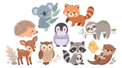 Fototapeta premium Cute Cartoon Woodland and Wild Animals Sticker Set