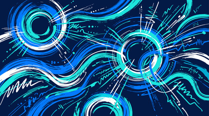 Fototapeta premium Abstract swirling blue and teal brushstrokes with glowing circular elements and energetic lines on a dark background.