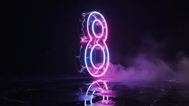Neon glowing number eight in dark foggy atmospheric space.