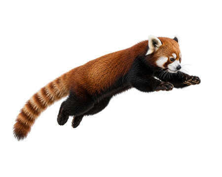 A red panda is leaping through a forest environment with trees and foliage.