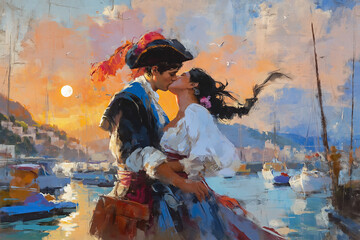 Fototapeta premium Couple Kissing Colorful Painterly Romantic Art