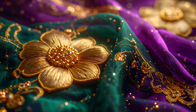 Luxurious Golden Flower Embellishment on Rich Silk Fabric.