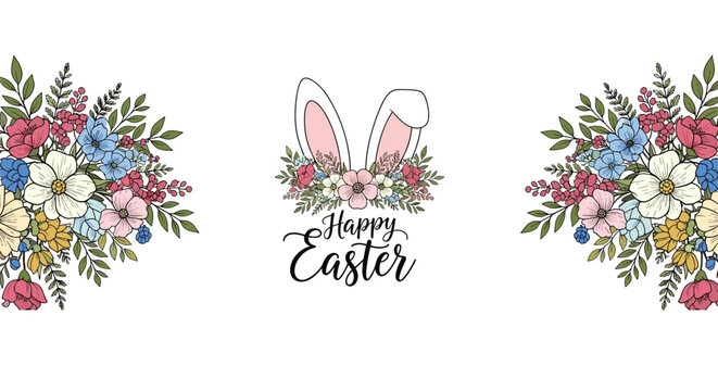 Festive easter greeting design featuring cute bunny ears surrounded by colorful flower bouquets and the words happy easter in calligraphy.