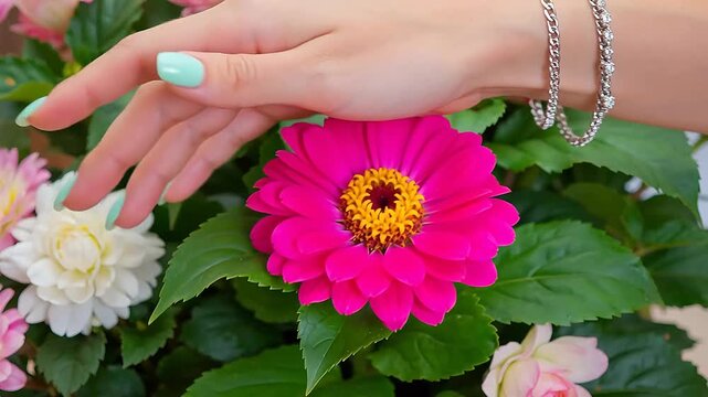 Woman hand with mint green nails gently touching a vibrant pink zinnia flower in a colorful garden