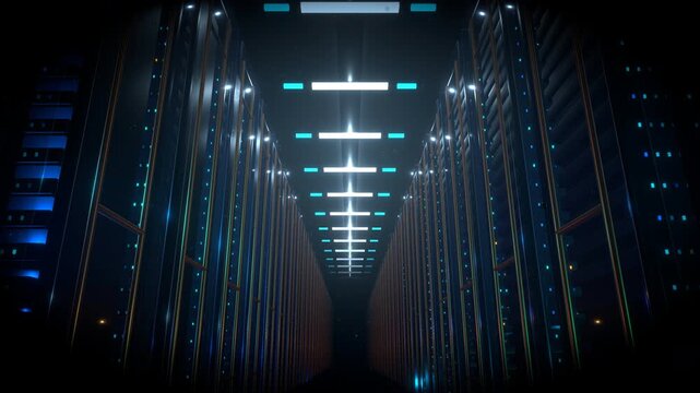 Wide reverse tracking pull-back shot exiting a massive data center featuring a submerged industrial computing environment inside a heavy industrial computing array.