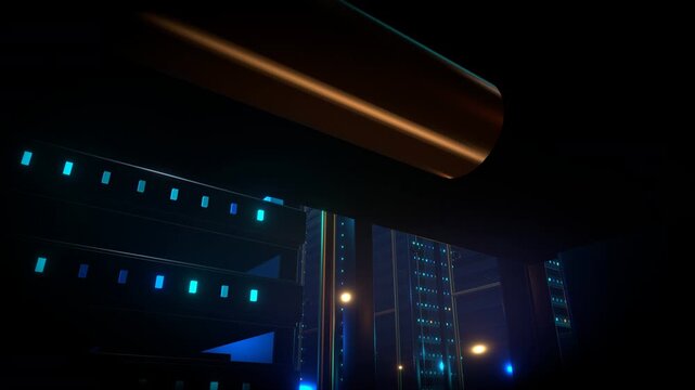 Wide aggressive diagonal sweeping pan capturing a massive data center featuring a submerged industrial computing environment inside a asymmetrical data storage layout.