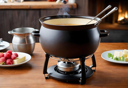 Cheese fondue pot with dipping forks on wooden table
