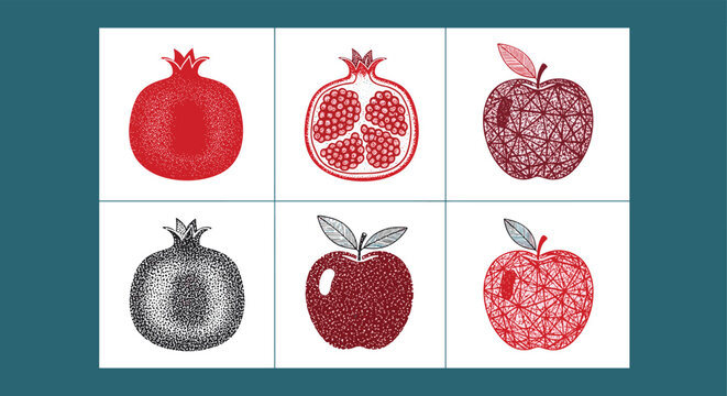 Graphic set of pomegranate and apple icons displayed in various artistic styles like geometric wireframes and dot work on a grid layout.