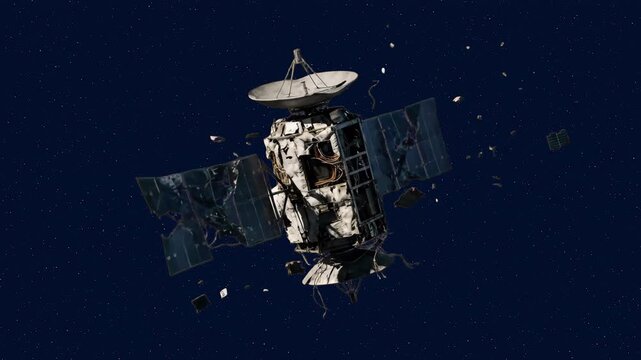 A damaged 3D communications satellite with broken solar panels and destroyed hull debris drifting in deep outer space against a dark starry background. Ideal for space disaster films, satellite collis