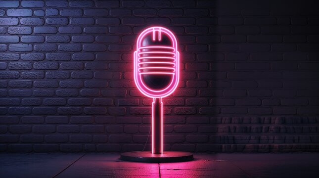 A vibrant glowing neon microphone sign shines brilliantly in rich electric pink against a luxurious dark textured brick wall, creating a bold and eye-catching focal point with an unmistakable retro ae