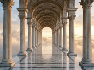 Obraz premium Elegant Marble Colonnade Leading Toward Soft Glow in Grand Architectural Hall