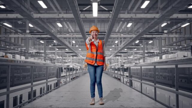Full Body Of Asian Female Engineer With Safety Helmet Smiling And Touching Her Chest Then Pointing At You While Standing at Solar Panel Factory with Automated Robotic Assembly Line
