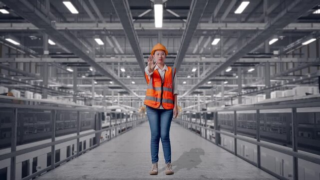 Full Body Of Asian Female Engineer With Safety Helmet Disapproving With No Hand Sign While Standing at Solar Panel Factory with Automated Robotic Assembly Line