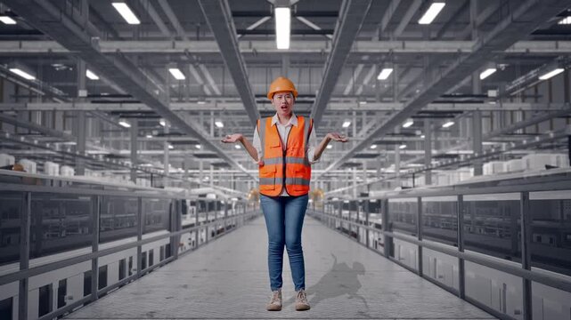Full Body Of Wondering Asian Female Engineer With Safety Helmet Saying Why Working Doubtfully at Solar Panel Factory with Automated Robotic Assembly Line