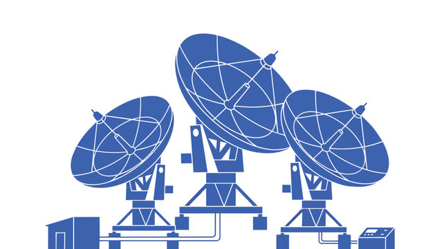 Satellite ground station antenna array transmitting data in minimalist flat vector style for telecommunications branding