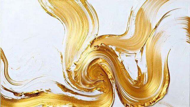 Golden paint swirls on white canvas